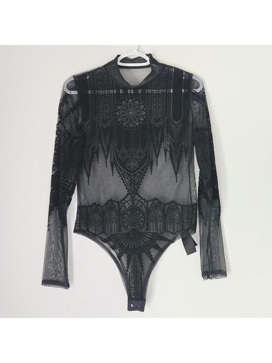 Restyle Other - SOLD on Depop Restyle "Inverted Cathedral" Flocked Mesh Bodysuit